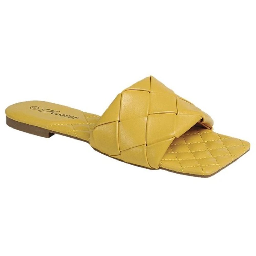 New Yellow Quilted Woven Square Toe Slides Sandals